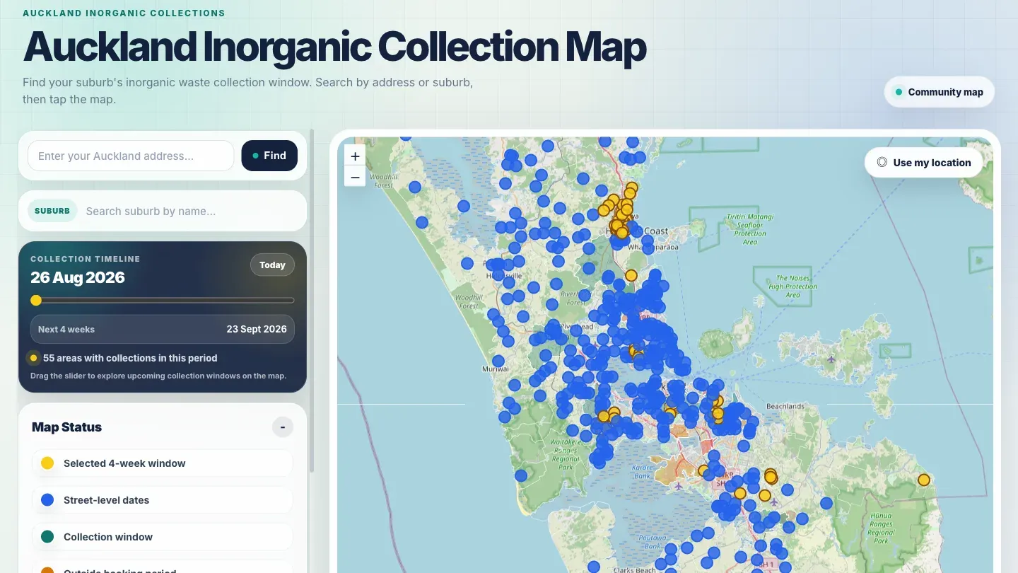 Auckland Inorganic Collection Map showing collection areas on an Auckland map